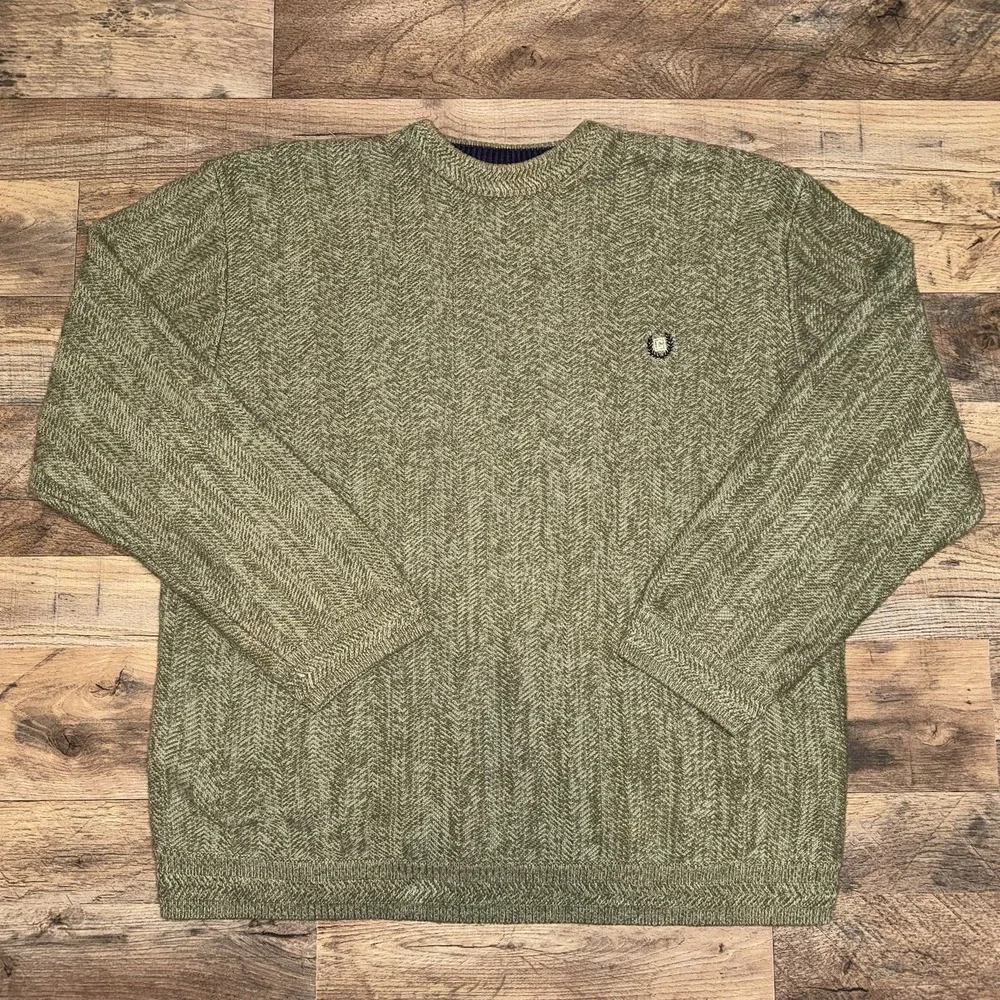 Chaps Mens XL Olive Green Herringbone Knit Cotton Crewneck Sweater Logo